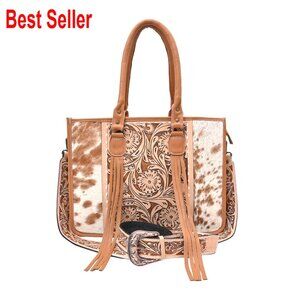 Genuine Cowhide Leather Handbag with Detachable Strap, Tote Sling Bag